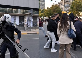 E pabesueshme! Si nëpër filma, rinia rreh policin me skafandër që po i ndiqte (VIDEO)